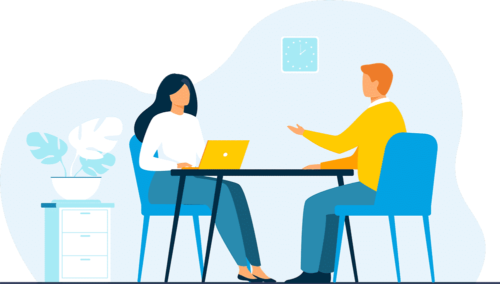 An illustration of two people consulting at a modern desk