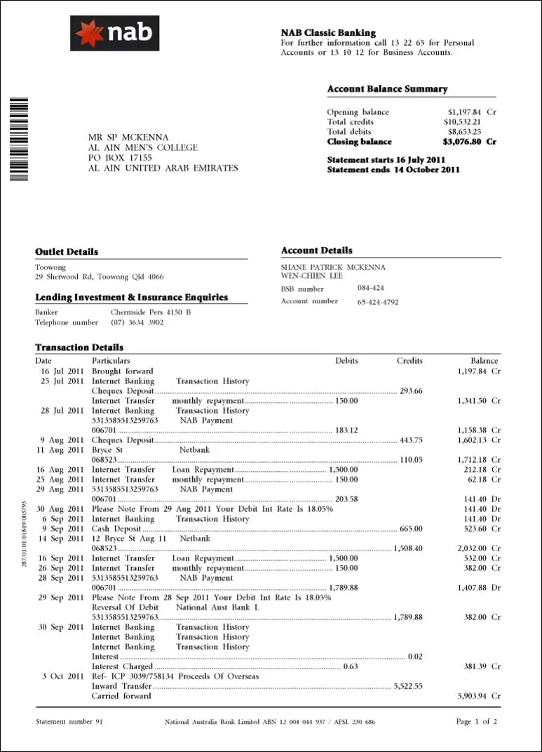 A NAB bank statement required by the best Mortgage broker in Perth