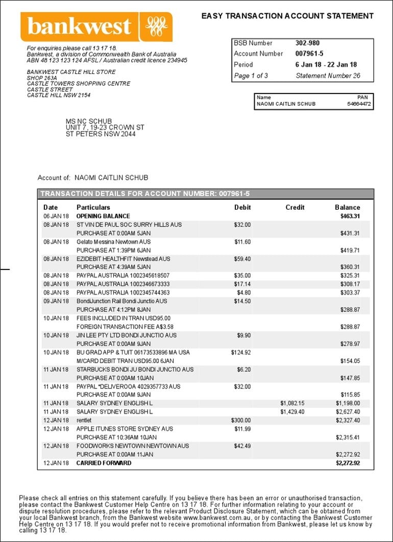 A CBA bank statement required by the best Mortgage broker in Perth