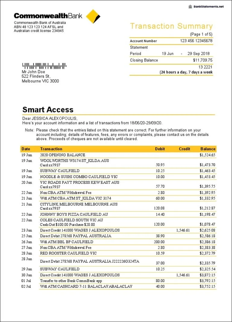 A CBA bank statement required by the best Mortgage broker in Perth