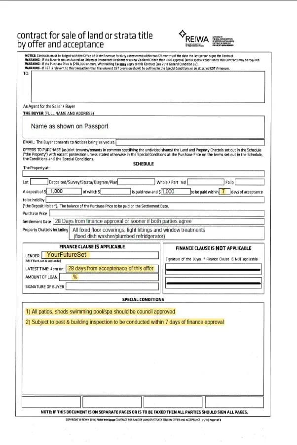 An example of a Contract for Sale supplied by The best Perth Mortgage broker Your Future Set