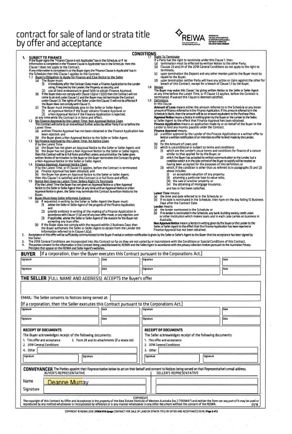 An example of a Contract for Sale supplied by The best Perth Mortgage broker Your Future Set
